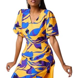 Liz Claiborne Women's Size 6 Dress Midi Marigold Floral Yellow Gold Blue